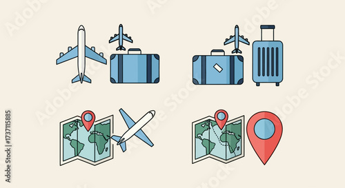 Plan your next adventure with these cheerful travel icons featuring airplanes, luggage, and maps for wanderlust inspiration and vacation excitement
