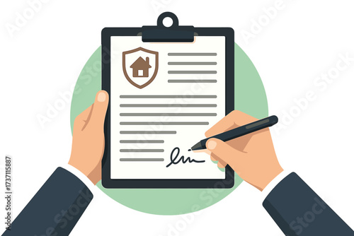 Insurance policy signing. Man hand with pen on contract. Home protection, property agreement. Real estate deal, security concept. Signature on claim form, legal document vector.