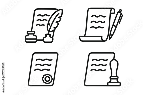 Document and writing icon set. Quill pen, inkwell, scroll, and parchment with stamp and seal. Editable stroke outline vector for legal contracts, notary, history, and education.