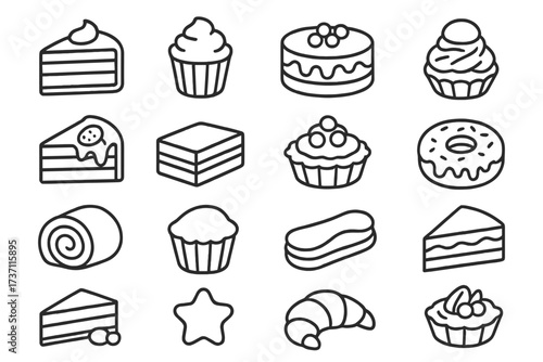 Cakes and pastries line icon set. Bakery, sweet food, and dessert collection. Vector icons of cupcake, donut, pie, croissant, and muffin. Editable stroke for design.