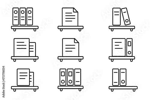 Archive line icon set. Document folders and binders on shelf. Office paperwork files. Bureaucracy, data storage, and information management. Business documentation vector symbols.