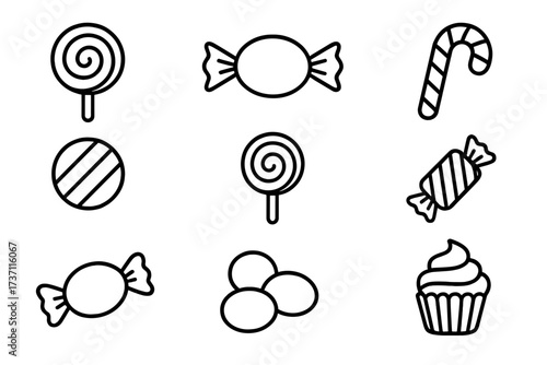 Candy and sweets outline icon set. Vector line art collection with lollipop, cupcake, and candy cane. Confectionery symbols with editable stroke for graphic design elements.