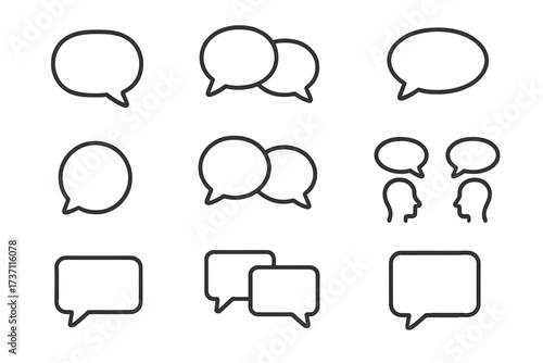 Speech bubble icon collection outline style for communication and dialogue concepts, editable stroke, perfect for infographics, articles, books, flyers, banners, vector cartoon set