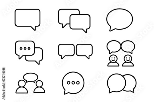 Speech bubbles communication and dialogue outline icon set, editable stroke vector symbols for chat, conversation, messaging, infographic design, social media, happy people talking illustrations