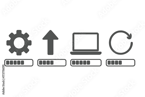 Loading process screen icon set for system software update and upgrade. Vector progress bar with gear, upload arrow, and refresh symbol. Data installation and sync concept.