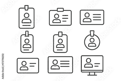 Employee ID badge and identification card line icon set. Concepts of staff access, security pass, personal identity, name tag, and corporate profile. Vector icons with editable stroke.