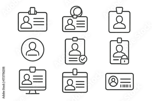 ID badge and employee identification line icon set. Vector collection of security pass, name tag, lanyard, and access card symbols. Concepts of verification, login, and profile.