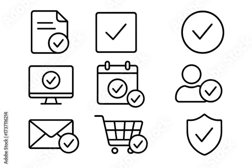 Checkmark line icon set for approval, verification, and completion. Vector icons for document, security, user, shopping, and calendar. Editable stroke for easy customization.