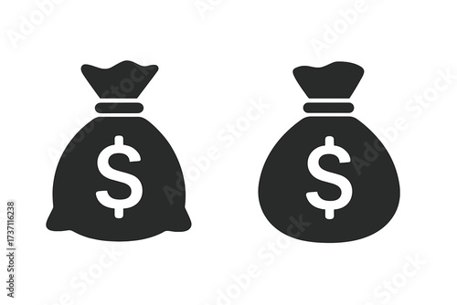 Money bag vector icon set. Simple flat moneybag silhouette with dollar sign. Financial concept for banking, savings, investment, profit, and wealth. Cash, currency symbol.