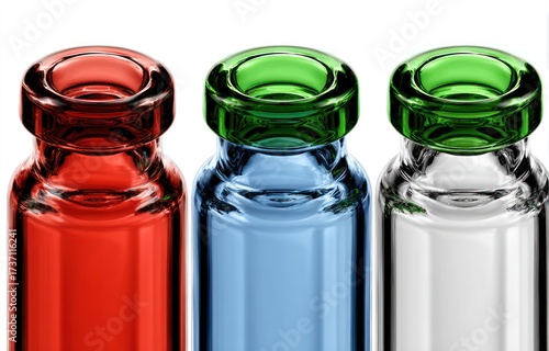 Three glass vials in vibrant red, blue, and white, side-by-side, against a white backdrop