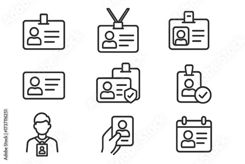 ID card and employee badge icon set. Vector line art for concepts of identification, staff pass, security access, personal data, user profile and verification. Lanyard included.
