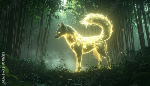 Mystical Glowing Nine Tailed Fox in Bamboo Forest Landscape Illustration