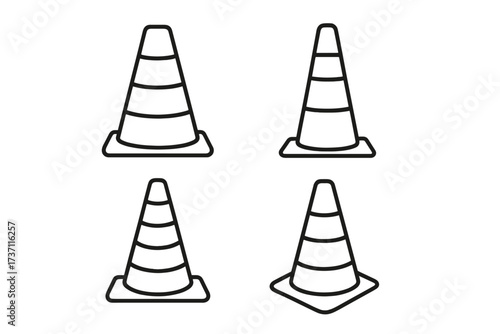 Traffic cone icon set, editable stroke graphic collection with cartoon vector illustration, safety warning symbols for infographics, articles, books, flyers, banners design