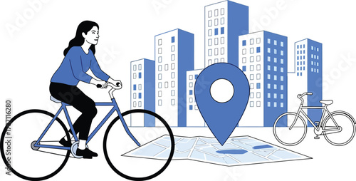 Woman riding bicycle in city isolated on white background