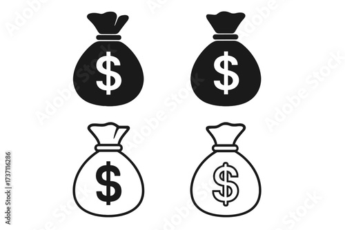 Money bag vector icon set. Dollar sign symbol. Finance, banking, and investment concept. Cash, savings, wealth, and profit graphic. Simple flat and outline illustration.