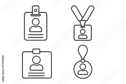 Employee ID badge line icon set. Vector collection of identification card, security pass, and name tag symbols. For corporate identity, access control, and HR concepts. Editable stroke.