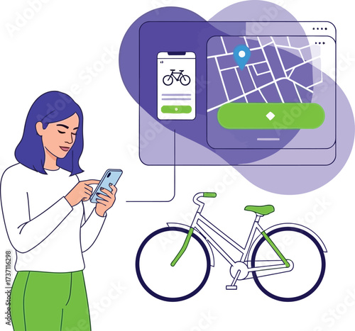 Woman using bike sharing app on her phone isolated on white background