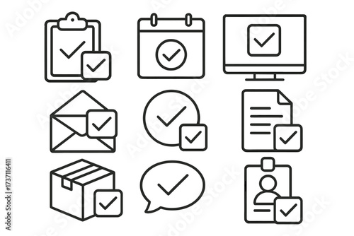 Check mark icon set. Approved, confirmed, completed concepts. Vector line icons for tasks, documents, calendar, delivery, email, verification. Editable stroke collection.