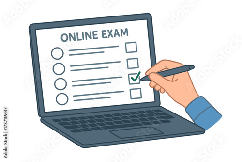 Online exam and e-learning concept. Hand with pen marking checkbox on a test form on a laptop screen. Digital education, online survey, questionnaire, and assessment vector.