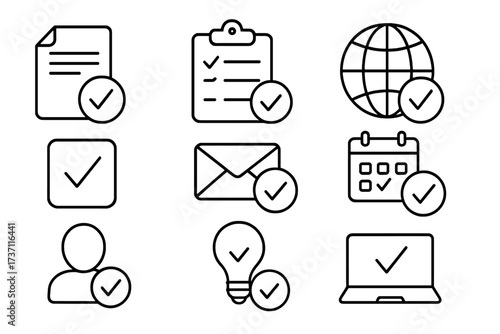 Check mark icon set. Approve, confirm, and complete symbols. Document, checklist, email, user, and task done. Thin line vector signs for success, quality, and verification.