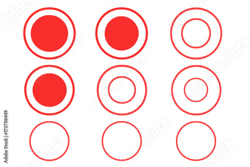 Pain circle symbol of ache and injury for medical design. Red rings indicate body pain location. Vector set of hurt spots, inflammation points, and sore target icons.