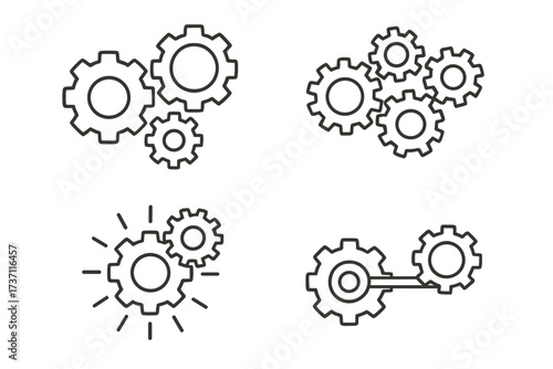 Gear and cogwheel line icon set. Mechanism, teamwork and connection concept. Process, progress, and system thinking. Engineering, technology, and development vector symbols.