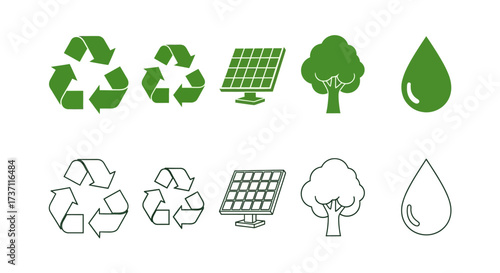 Embrace sustainability with these clean, green icons depicting recycling, solar power, trees, and water drops – perfect for eco-conscious brands!