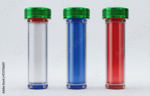 Three vertically oriented cylinders, each with green top and blue/red/clear contents