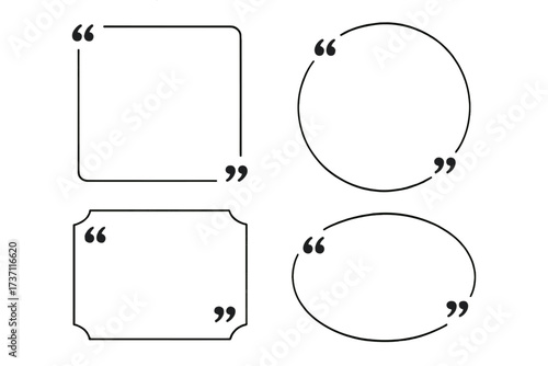 Quote frames blank template set. Modern vector line art with quotation marks. Text boxes for citation, message, testimonial, or information design. Speech bubble comment form.