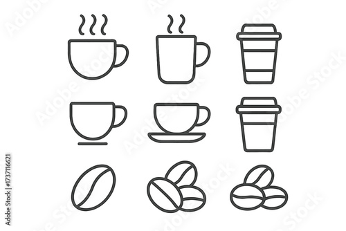 Coffee cup and bean line icon set. Vector collection of simple outline symbols for cafe menu. Hot drink, mug, espresso, cappuccino, latte, to-go paper cup. Editable stroke.