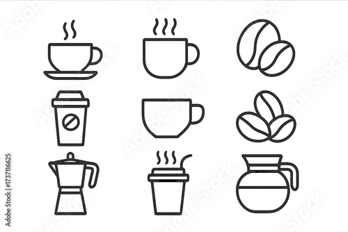 Coffee line icon set with editable stroke. Vector collection of coffee cup, mug, beans, takeaway paper cup, moka pot, espresso maker, cafe symbols. Hot drink illustration.
