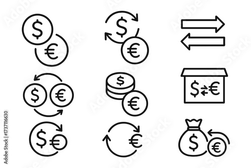 Money transfer & currency exchange line icon set. Dollar & Euro conversion symbols. Vector financial icons for banking app, web, infographics & global economy concept.