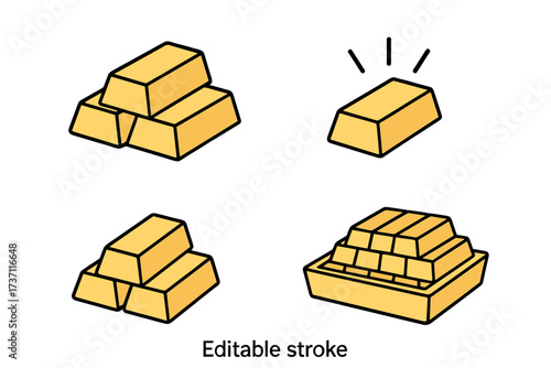 Gold bars vector icon set. Outline cartoon illustration collection of stacked gold bullion. Financial concept of wealth, treasure, and investment. Editable stroke for design.