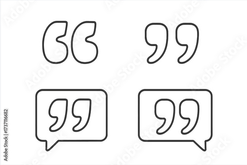 Quotes icon vector set. Quotemarks outline and speech marks. Inverted commas or talking marks collection. Quote symbol for citation, comment, message, testimonial, feedback.