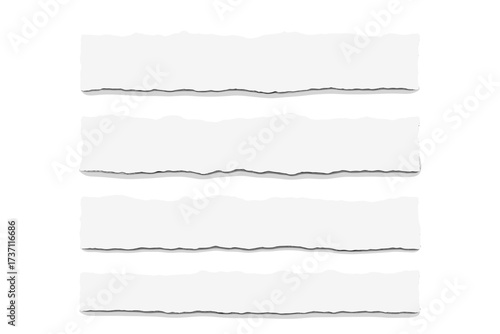 Set of white torn paper strips. Ripped blank note paper with ragged edges for scrapbook and web design. Realistic vector illustration banner with shadow on transparent background.