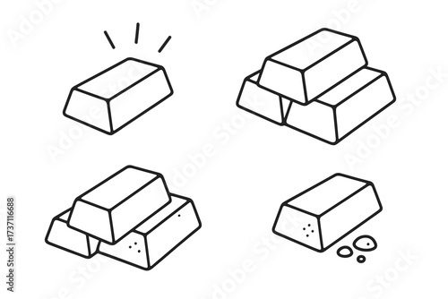 Gold bars outline icon set. Vector cartoon illustration of stacked gold bullion ingots. Financial concept of wealth, treasure, and investment. Editable stroke line art.