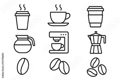 Coffee line icon set. Editable stroke vector illustration. Minimal outline icons for cafe, beverage, and caffeine concepts. Includes cup, machine, pot, moka, and beans.