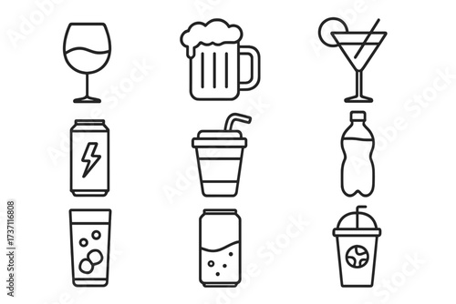 Drink and beverage icon set. Thin line icons of alcoholic drinks, soft drinks, energy drinks. Includes beer, wine, cocktail, soda, and coffee for web, apps and infographics.