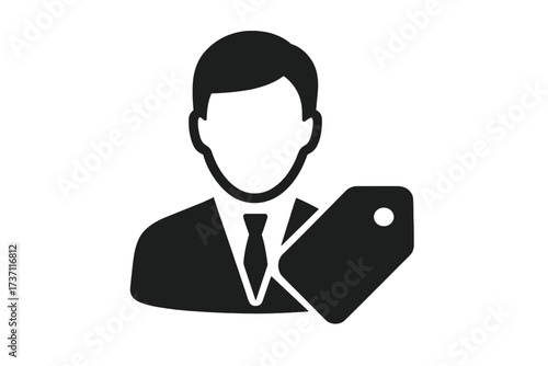 Businessman icon with price tag symbol, user profile with commercial tag, professional avatar concept, business identity illustration, flat style vector for branding and web design