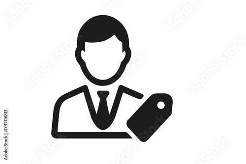 Businessman icon with price tag symbol, professional user avatar in trendy flat style for web design, logo, app, UI isolated on white background, vector illustration
