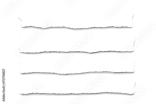 Vector set of realistic torn paper strips with ragged edges and soft shadow. Blank white ripped paper banners for notes, messages, web design, and scrapbook elements.