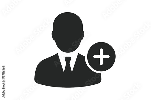Businessman icon with add user symbol, professional person silhouette with plus sign, corporate user profile, business networking, account creation, flat design vector illustration