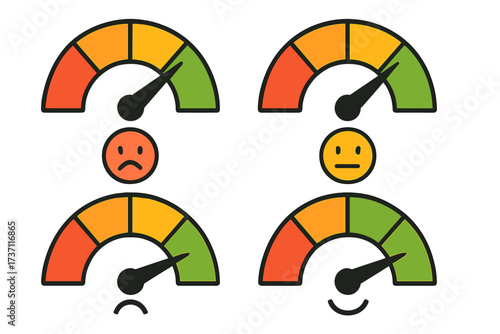 Customer satisfaction meter for rating. Different emotions from bad to good. Abstract concept graphic element of tachometer, speedometer, indicators, score. Vector illustration.