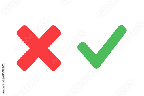 Green check mark and red cross vector icon set. Yes and no, right and wrong signs. Correct and incorrect, approved and rejected button symbols for web. Flat design V and X.