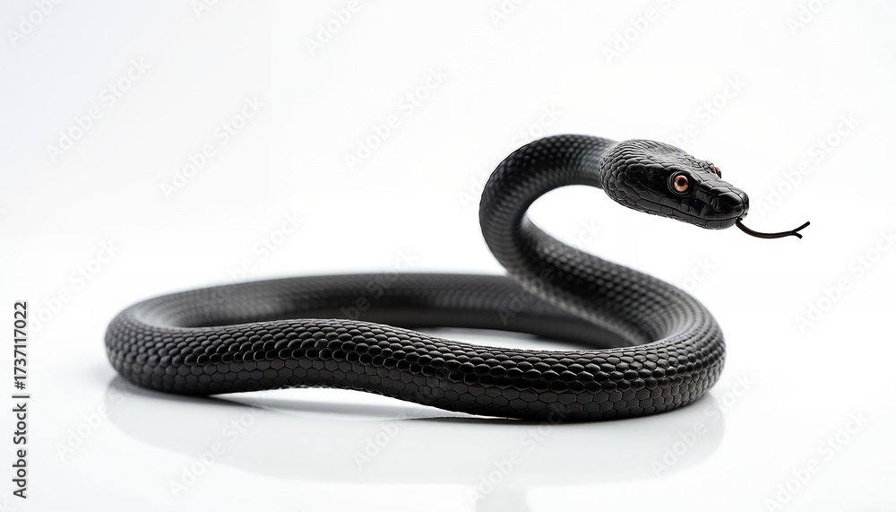 Fototapeta premium Black serpent with orange eyes and forked tongue black snake reptile