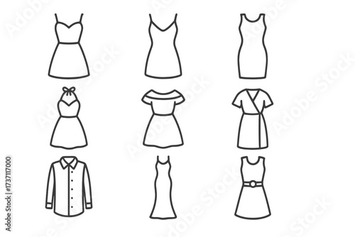 Set of dress line icons. Women's fashion and clothing pictogram collection. Gown, shirt, summer and cocktail dress symbols for web, apps, and infographics. Vector outline.