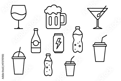 Drink and beverage icon set. Thin line art collection of alcoholic drinks, soft drinks, and energy drinks. Vector symbols for bar menu, apps, and web design. Wine, beer, cocktail, soda.