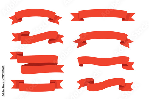 Red ribbon vector banner set. Empty ribbons for text. Label, badge and tag collection. Sale sticker shape. Christmas gift bow. Scroll design element. Isolated illustration.