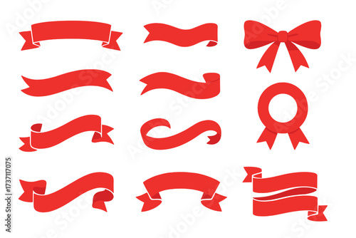 Ribbon vector icon set. Red banner shapes for gift and accessory. Christmas sticker, sale tag and decoration. Isolated label, badge and bow illustration for web and app design.