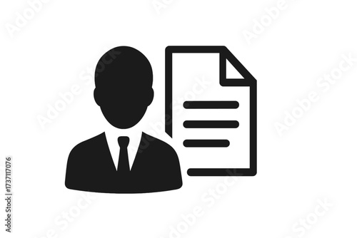 Business person silhouette with document icon, professional user profile symbol, office employee figure, corporate identity vector, flat style app logo, UI design element